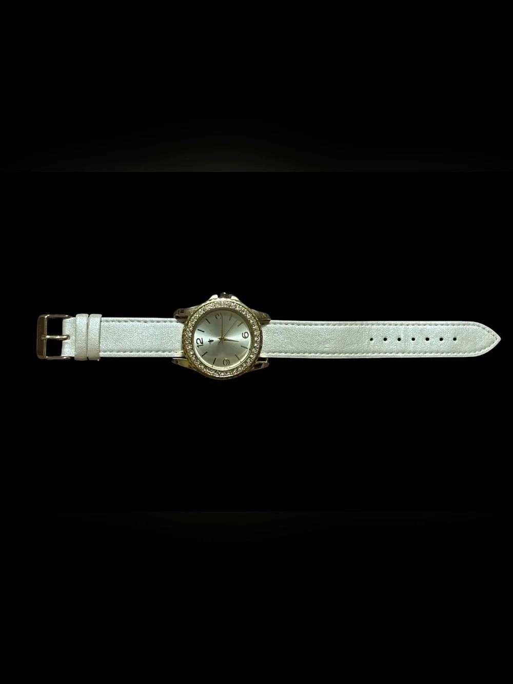 Gold-Tone Crystal Bezel Watch with Champagne Faux Leather Strap